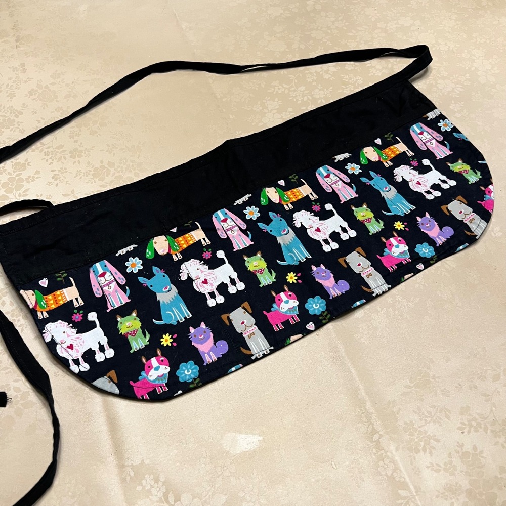 Handmade Dog Print Half Apron 3 Pockets Groomer Server Teacher Black Multi Color